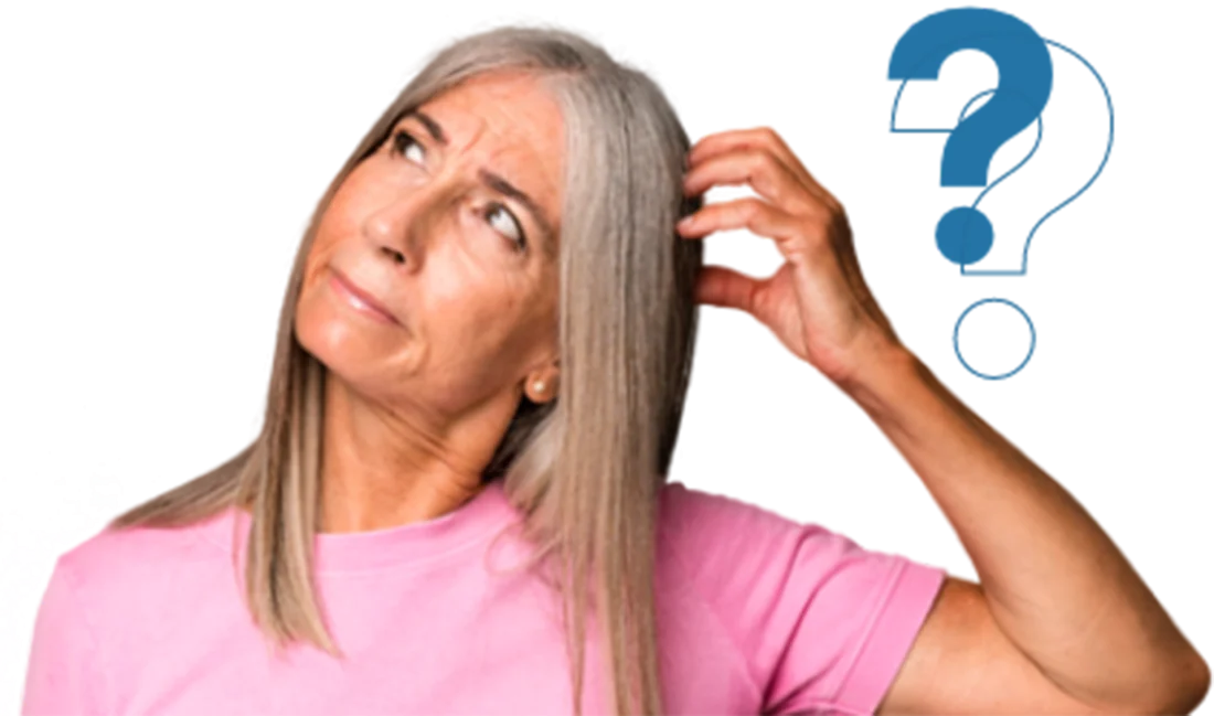 A woman scratching her head with a question mark symbol beside her, pondering what to inquire about regarding online prescriptions