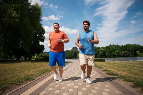 Two middle-aged men jogging in a park, emphasizing the importance of exercise in addressing the obesity rate
